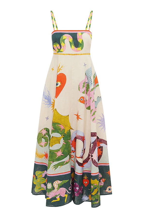 Feel Effortlessly Linen Blend Unique Print Smocked Back Pocketed Midi Dress-consonak