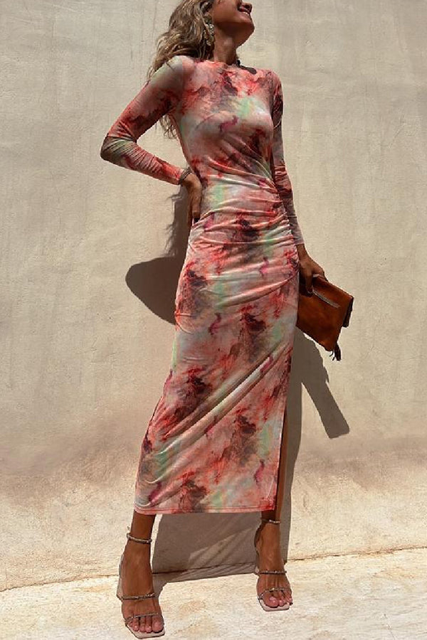 Charm Lady Mesh Overlay Tie Dye Print Long Sleeve Ruched Stretch Midi Dress | Consonak