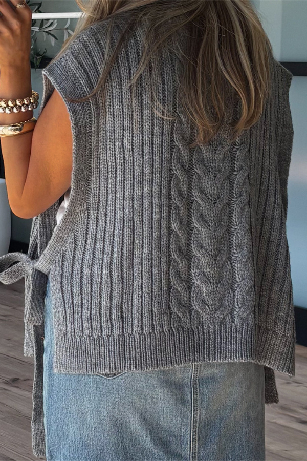 Solid Color Loose Sleeveless Tie Casual Knit Sweater-consonak
