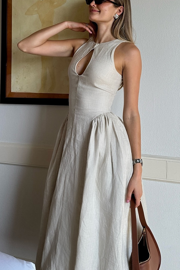 City Cutie Linen Blend Button Cutout Neck Umbrella Hem Midi Dress-consonak