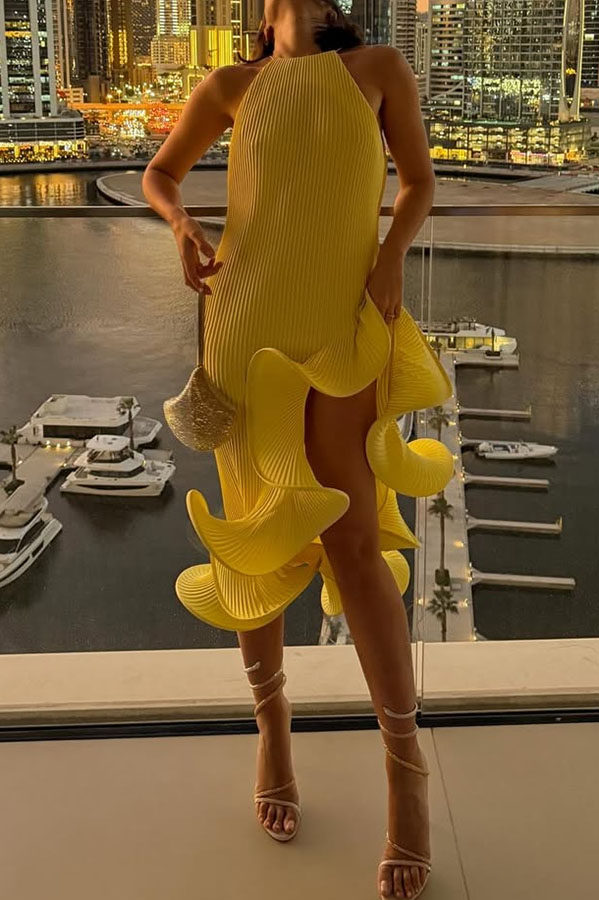 Butter Summer Pleated  Sleeveless Waist Tie Irregular Ruffle Dimensional Hem Midi Dress-consonak