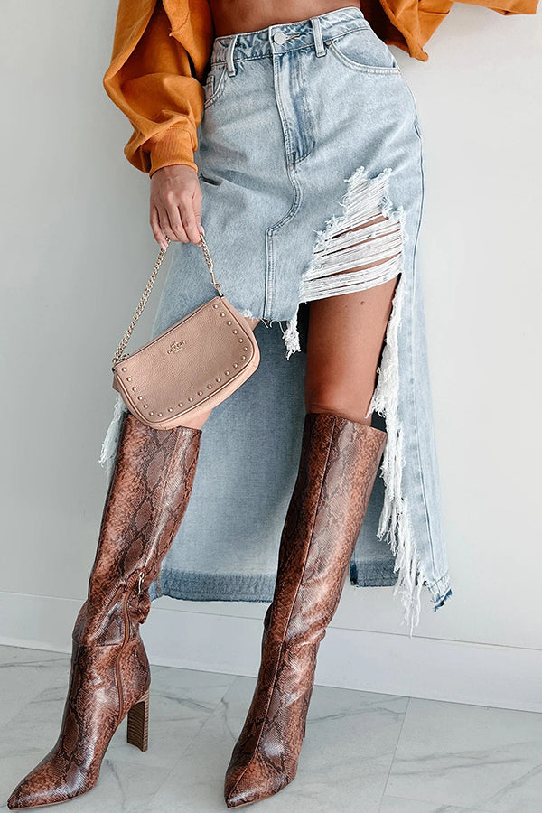 Darla Cutting Ties Heavily Distressed Denim Maxi Skirt-consonak