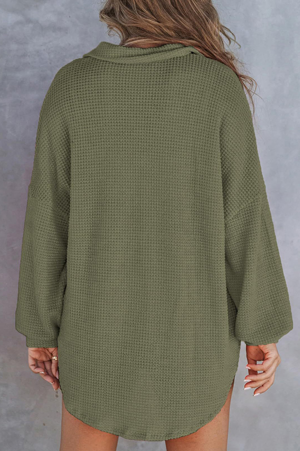Solid Color Waffle Loose Casual Knitted Pocket Top-consonak