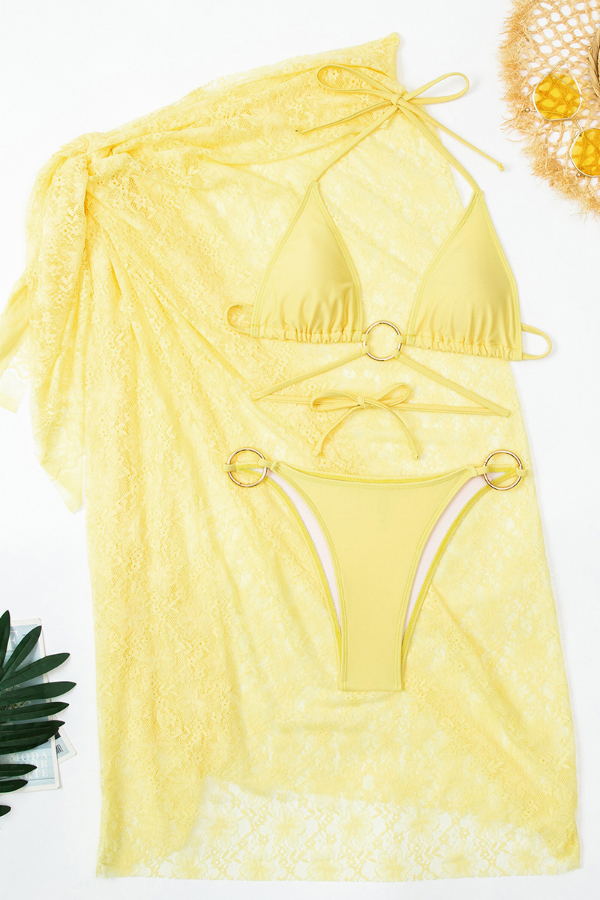 Solid Color Halter Neck Tie Stretch Two-piece Bikini Swimsuit and Sheer Lace Holiday Maxi Skirt Set