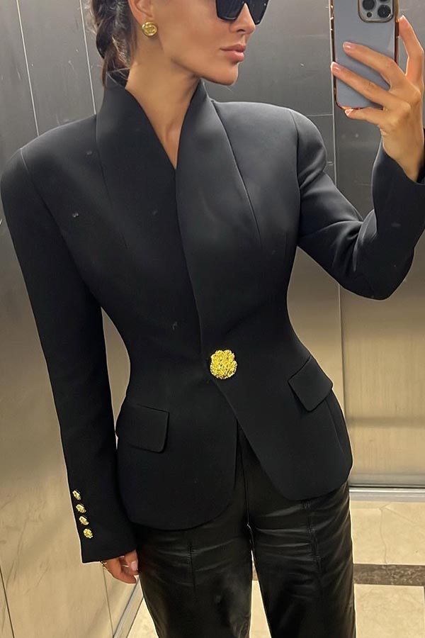 Classic Luxury Unique Metal Button Stand Collar Long Sleeve Jacket-consonak