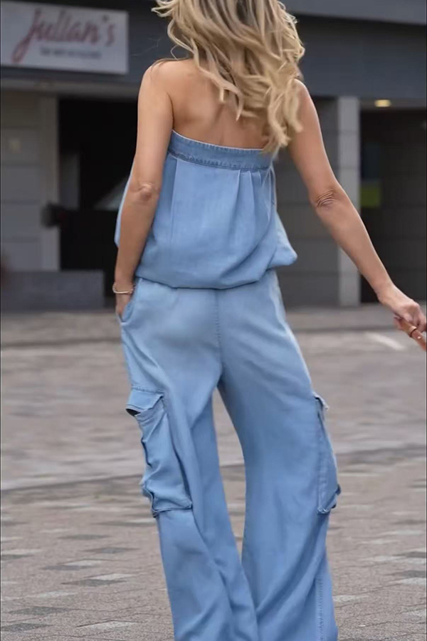 Winnie Denim Mid Rise Elastic Waist Flap Pockets Wide Leg Cargo Pants