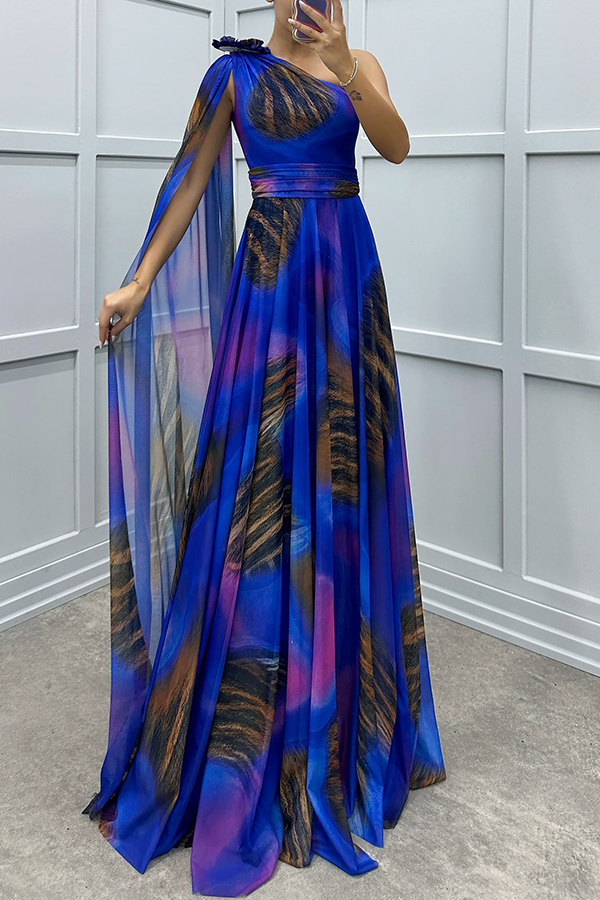 Lucia Unique Print Floral Detail One Shoulder Draped Sleeve Gown Maxi Dress | Consonak