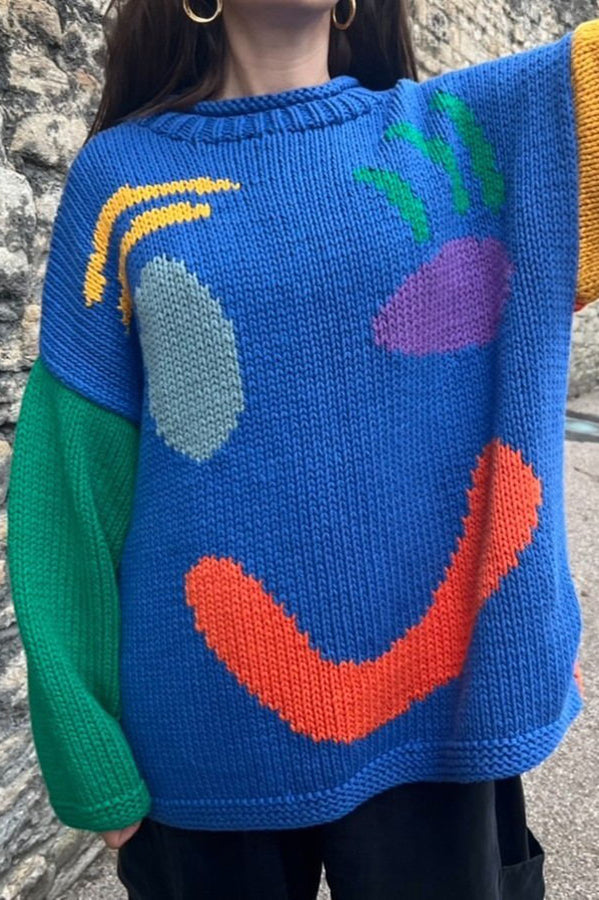 Feel Good Knit Colorful Smiley Face Loose Pullover Sweater-consonak