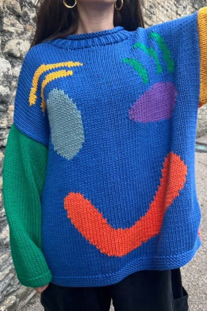 Feel Good Knit Colorful Smiley Face Loose Pullover Sweater-consonak