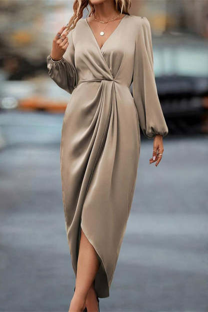 Satin V-neck Long-sleeved Slit Irregular Hem Midi Dress-consonak