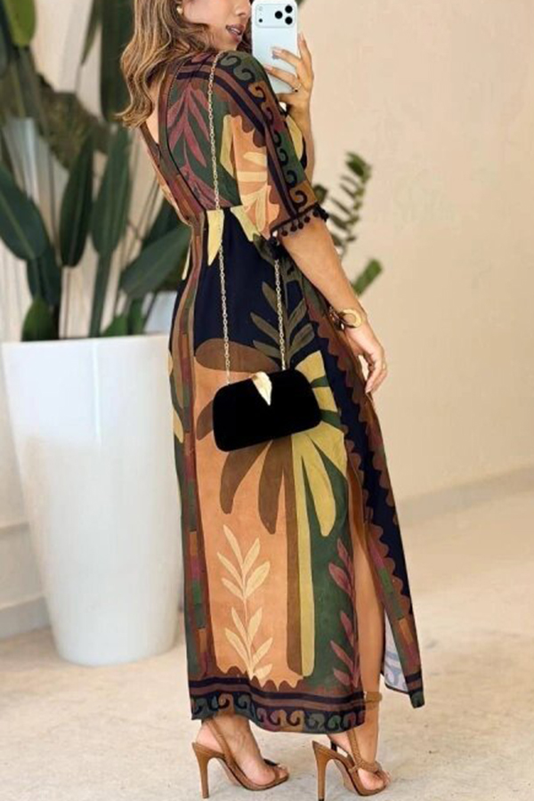 Sundancer Glow Unique Print Tassels Trim Half Sleeve Side Slit Maxi Dress
