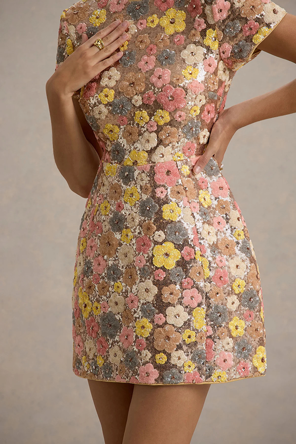 80's Inspired Floral Print Sequin Short Sleeve Stretch Mini Dress | Consonak