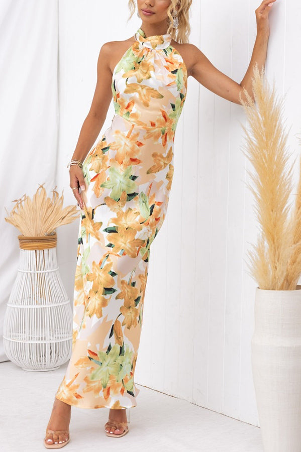 Happier Now Satin Floral Halter Maxi Dress | Consonak