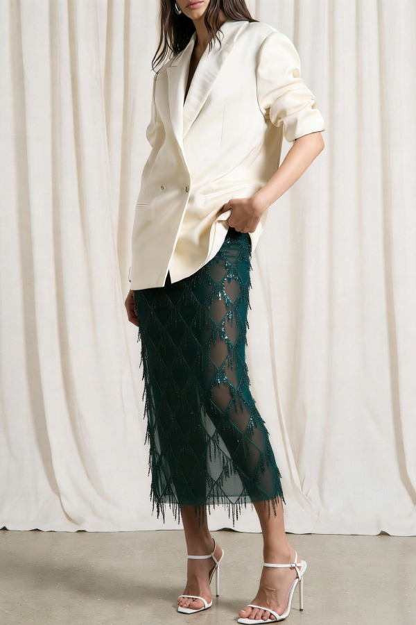 Fashionable Mesh See-through Sequined Tassel Midi Skirt | Consonak
