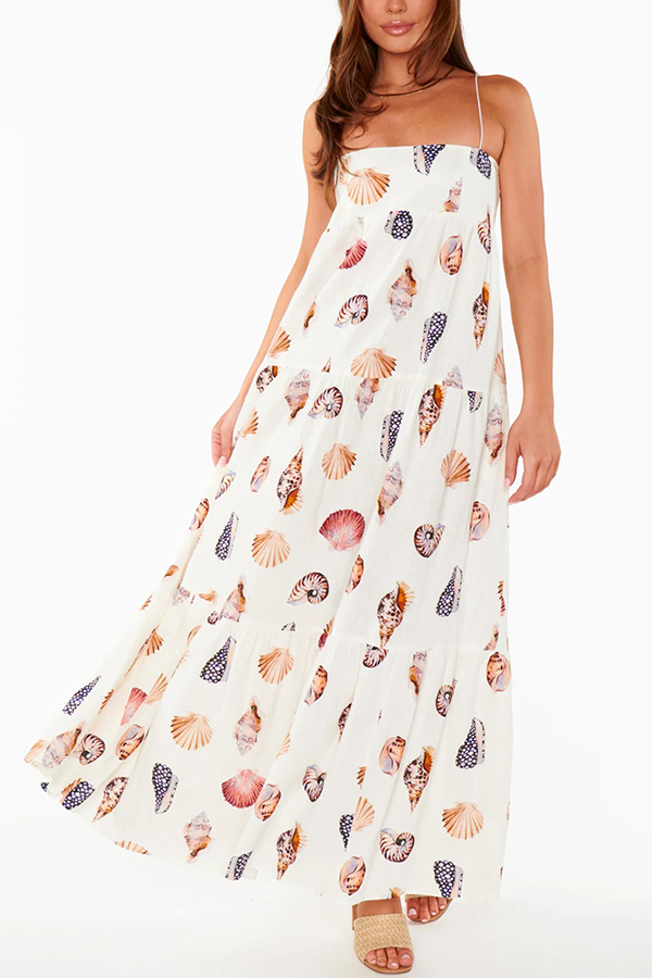 Long Weekend Linen Blend Shells Unique Print Smocked Pocket Lightweight Maxi Dress-consonak