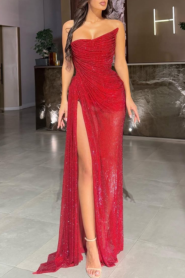 Lysette Sequin Pleated Design Irregular Off-shoulder Slit Drape Gown Maxi Dress-consonak