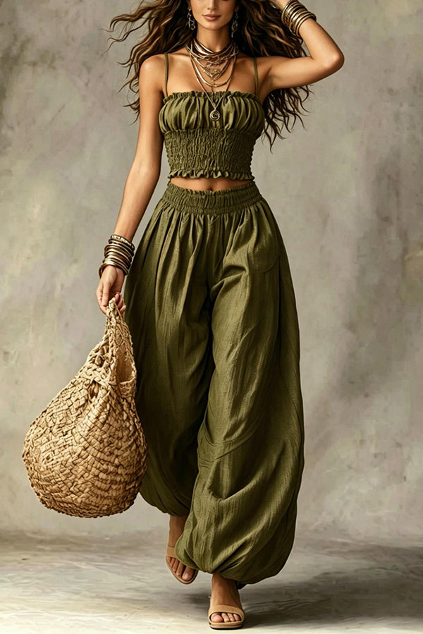 Olive Gypsy  pleated crop top and high-waisted wide-leg pants set-Consonak