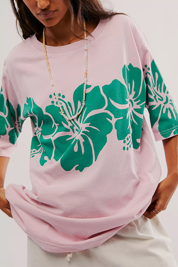 Floral Print Loose Round Neck Short Sleeve T-shirt-consonak