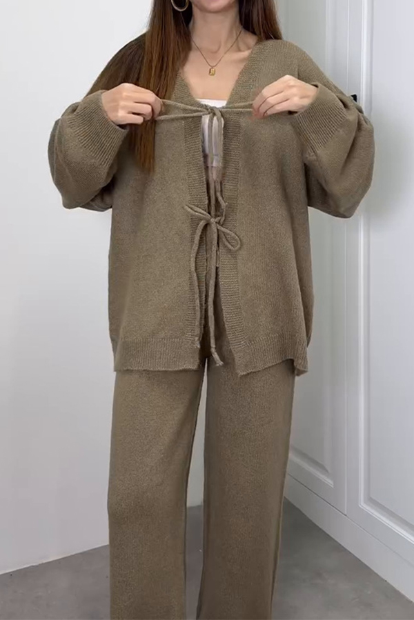 Solid Color V-neck Tie Long-sleeved Loose Knit Cardigan and Elastic Waist Casual Straight Leg Pants Set-consonak