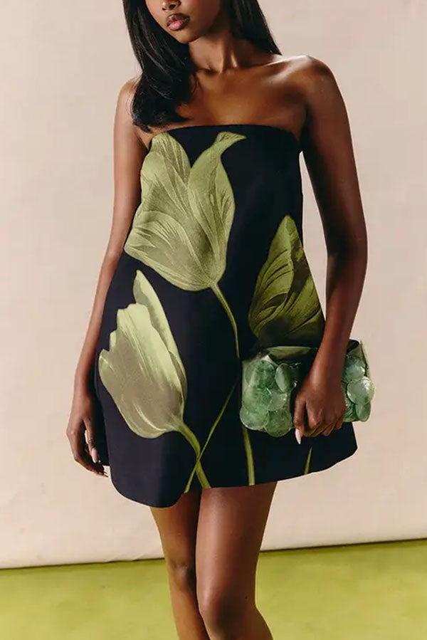 Daphne Retro Botanical Strapless Dress-Consonak