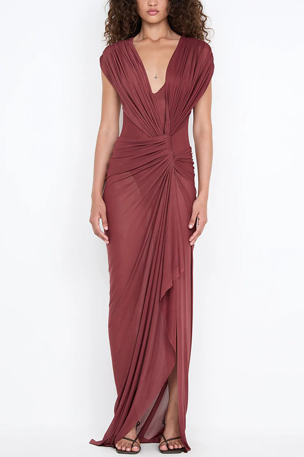 Leia Tulle Pleats and Knotted Detail Drape Slit Maxi Dress-consonak