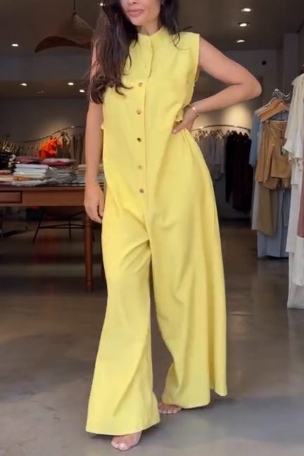 Linen Blend Solid Color Sleeveless Casual Button Loose Wide-leg Jumpsuit