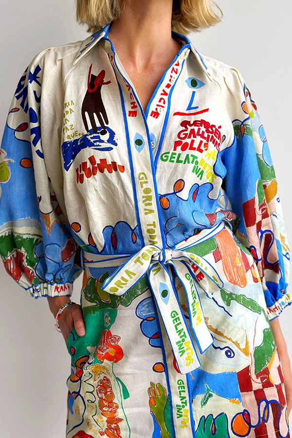 Phebe Linen Blend Unique Print Pocket Waist Tie Mini Dress-consonak