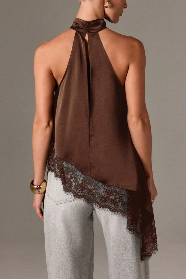 Solid Color Satin Sleeveless Lace Hem Loose Top