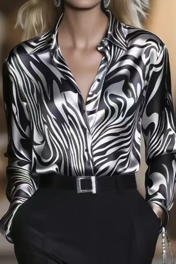Zebra Print Satin Casual Long-sleeved Button-down Shirt-consonak