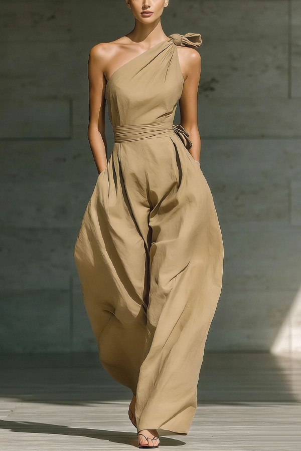 Solid Color Sleeveless One-shoulder Fitted Waist Casual Pocket Loose Wide-leg Jumpsuit