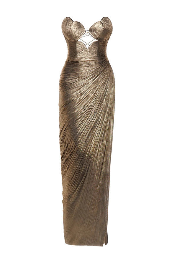 Amisha Metallic Pleated Shell Cups Hollow Gold Pendant Strapless Drape Slit Maxi Dress | Consonak