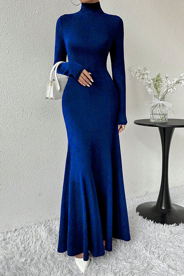 Solid Color High-neck Long-sleeved Slim-fit Fishtail Elegant Maxi Dress-consonak