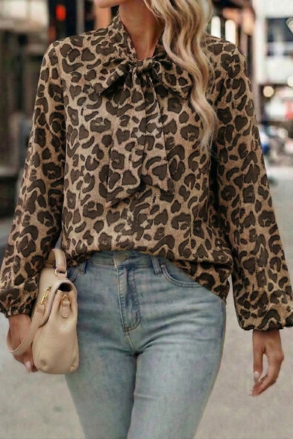 Leopard Print Bow Collar Long-sleeved Loose Shirt-consonak