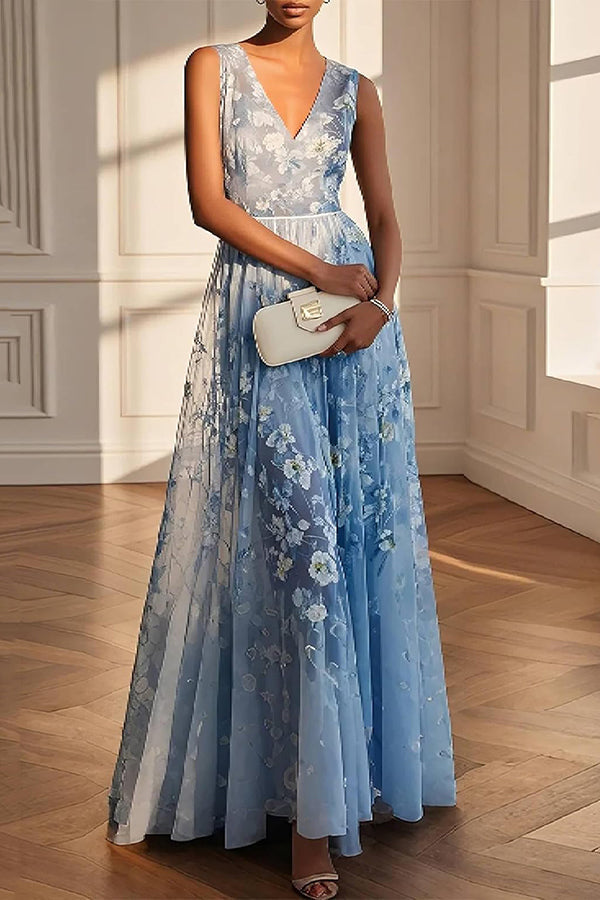Floral Print V-Neck Sleeveless Elegant Maxi Dress-consonak