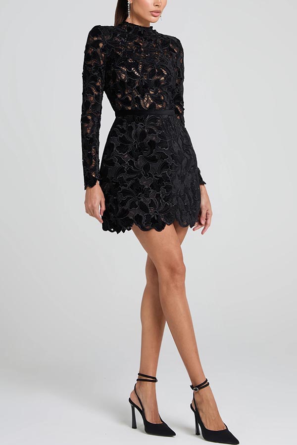 Lydia Embroidered Floral Lace Long Sleeve Belt Tulip Shaped Mini Dress-consonak