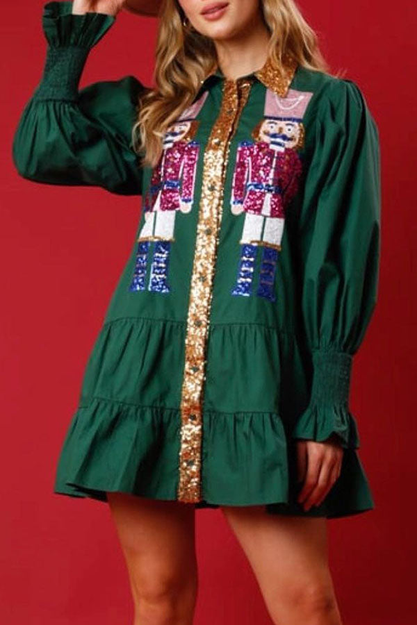 Nutcracker Sequined Button Down Long Sleeve Mini Dress-consonak