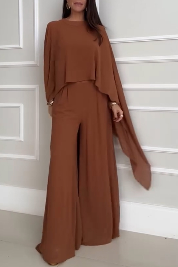 Veronica Chiffon Cape Flowing Top and Elastic Waist Wide-Leg Pants Set-consonak