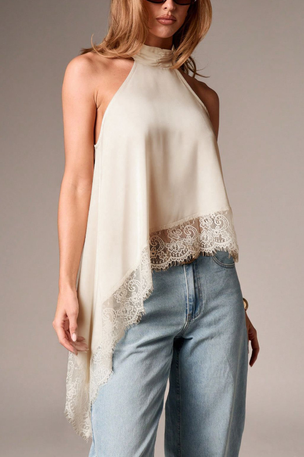 Solid Color Satin Sleeveless Lace Hem Loose Top
