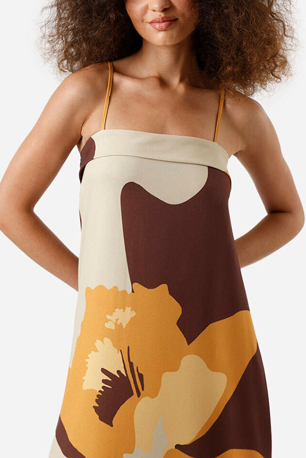 Light Breeze Color-block Floral Print Adjustable Strap H-line Midi Dress-consonak