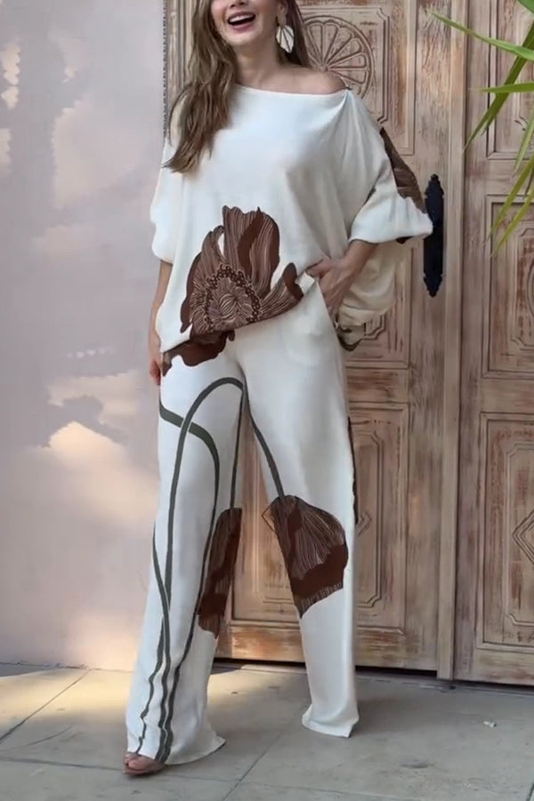 Floral Print Batwing Sleeves Loose-fitting Top and Relaxed Pocket Straight Pants Set-consonak