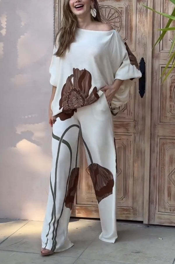 Floral Print Batwing Sleeves Loose-fitting Top and Relaxed Pocket Straight Pants Set-consonak