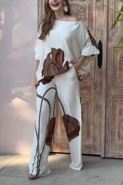 Floral Print Batwing Sleeves Loose-fitting Top and Relaxed Pocket Straight Pants Set-consonak
