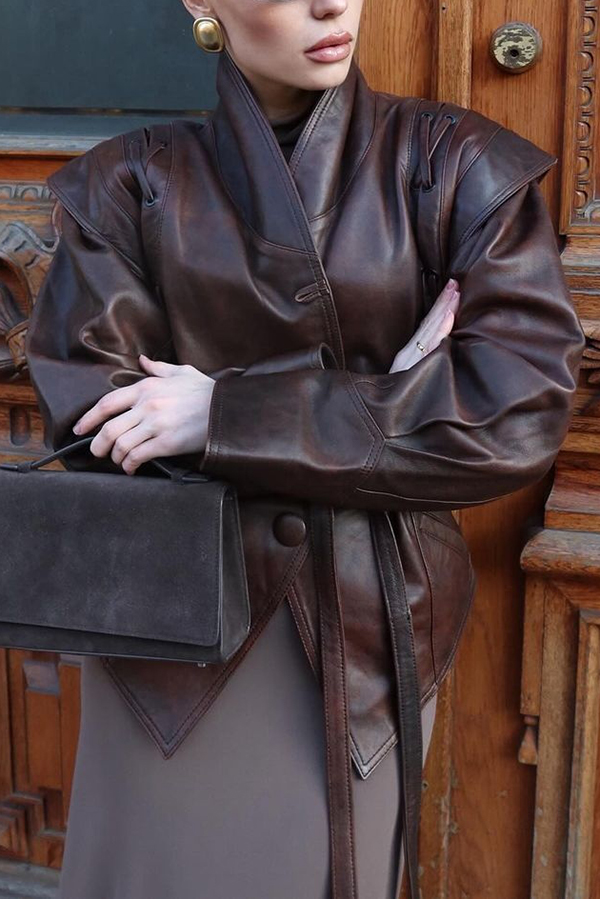 Street Warrior Faux Leather Distressed Style Lace-up Lapel Belt Oversized Jacket-consonak
