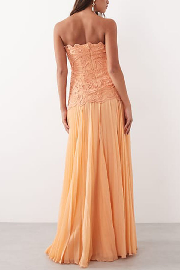 Sun Drifter Abstract Embroidery Cutwork Pleated Chiffon Hem Bandeau Maxi Dress
