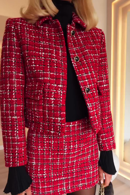 Tweed Plaid Textured Long-sleeved Casual Pocket Jacket-consonak