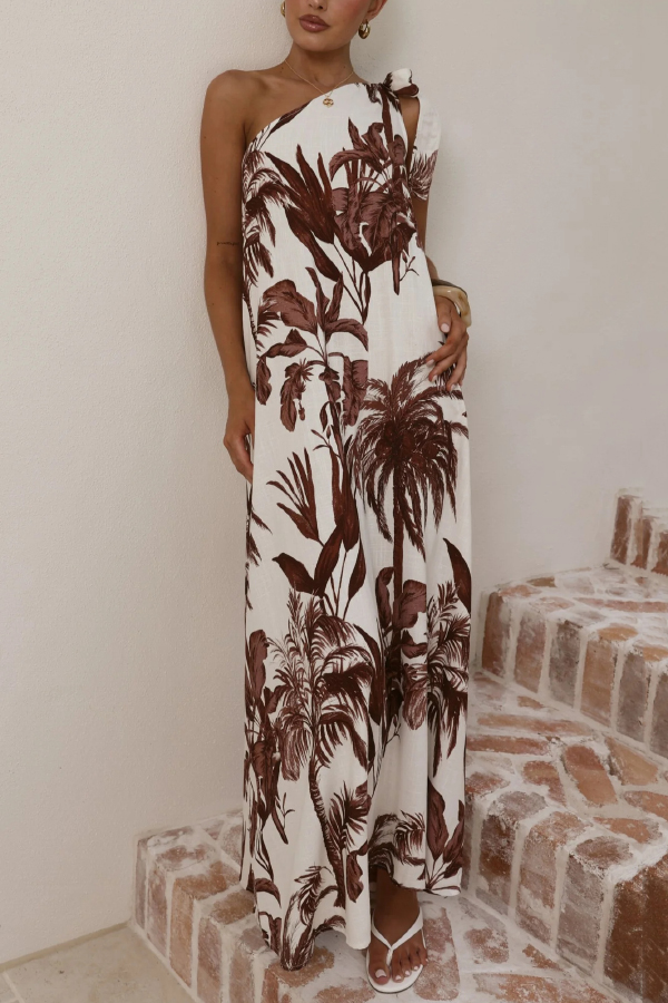 Botanical Print Sleeveless One-shoulder Casual Vacation Maxi Dress-consonak