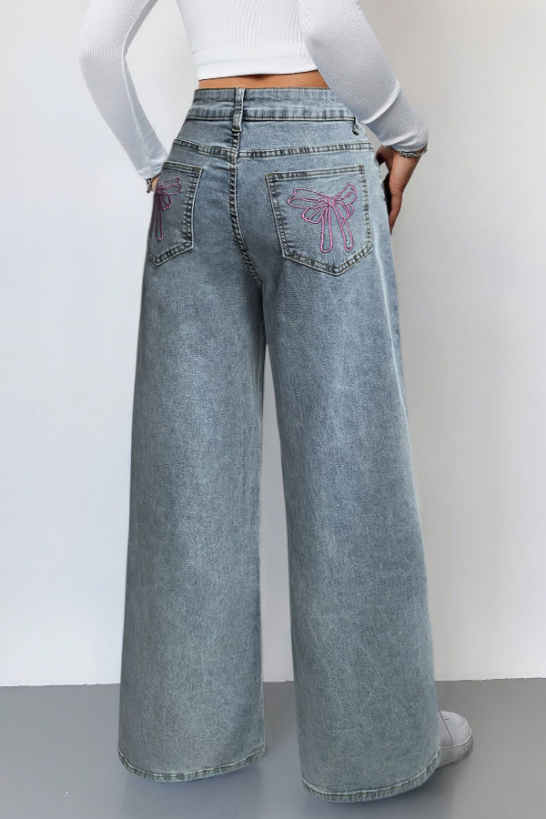 Fashionable Bow Embroidered Pocket Casual Loose Wide-leg Jeans