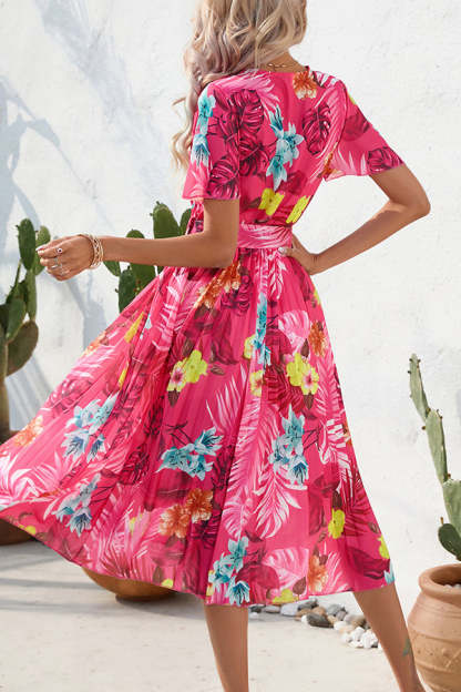 Paulette Contrast Floral Print Belted Pleated Midi Dress-consonak