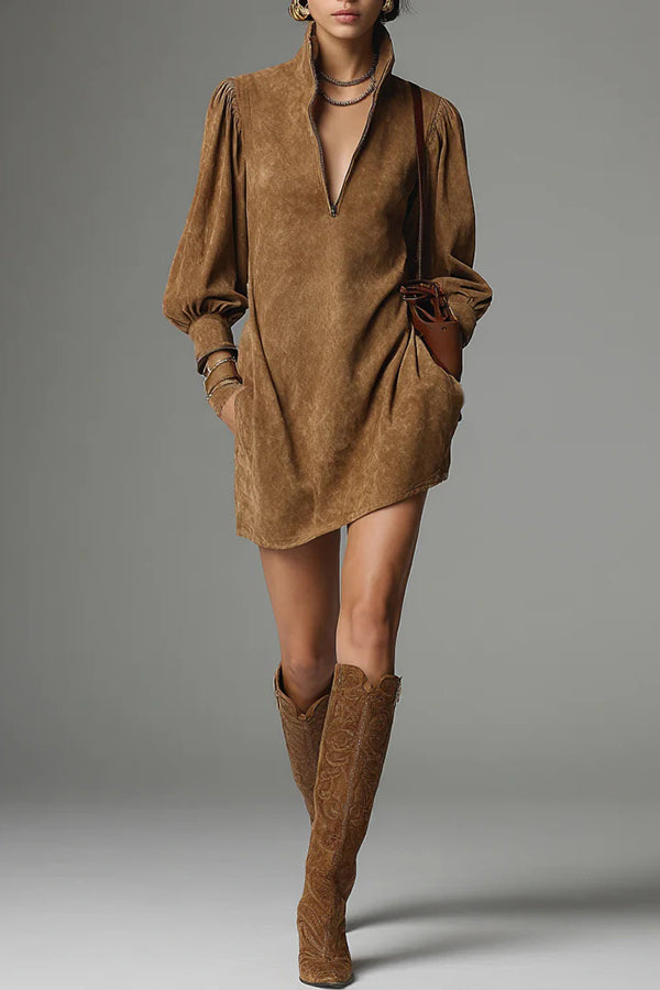 Stylish Loose-fitting Suede Zip-up V-neck Mini Dress-consonak