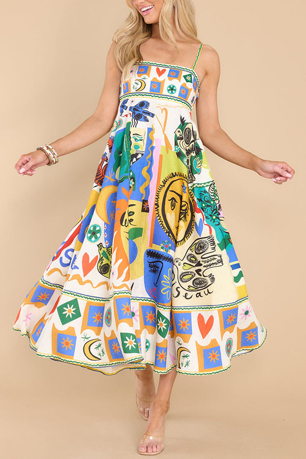 Joyful Glow Goddess Linen Blend Unique Print Pocketed Smocked Back Midi Dress-consonak